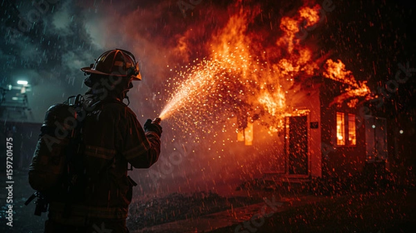 Fototapeta Rear view of firefighters extinguishing a fire at night.