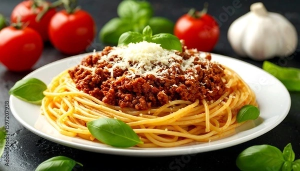 Fototapeta A plate of spaghetti with meat sauce