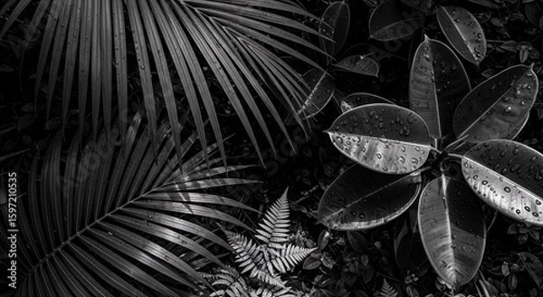Fototapeta Dramatic black-and-white foliage stands out against a shadowy backdrop, highlighting intricate leaf textures and organic shapes in striking contrast. The minimalist composition creates a timeless, art