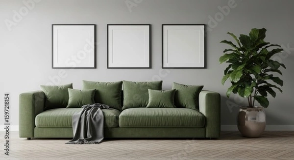 Fototapeta Stylish and Modern Interior Design Featuring a Cozy Green Sofa Surrounded by Minimalistic Decor and Serene Atmosphere