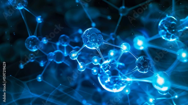 Fototapeta Abstract blue molecular structure, representing science, chemistry, or biotechnology concepts.