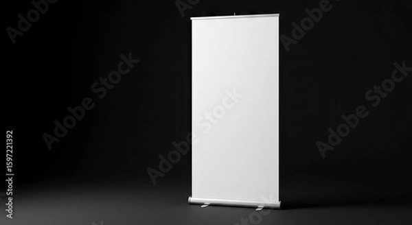 Fototapeta A tall upright retractable banner stand is positioned against a stark black backdrop