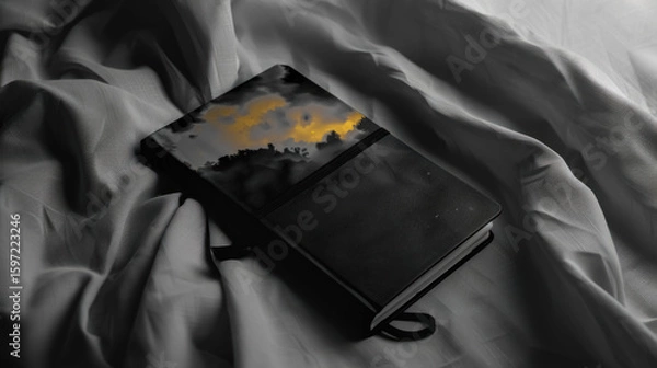 Fototapeta A black notebook rests on a bed with a reflection of a beautiful sunset in its cover, creating a poetic and moody scene with deep emotional tones.