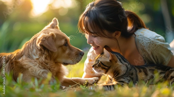 Fototapeta Young woman smiling while playing with a golden retriever and a tabby cat in a sunlit park, enjoying a peaceful and heartwarming moment with her pets.