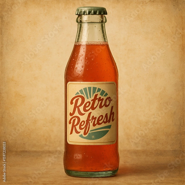 Fototapeta A vintage glass bottle of orange soda with a retro refresh label stands against a textured background