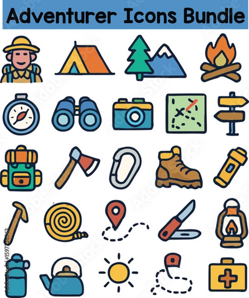 Fototapeta Set of Colorful adventurer icons. Doodle style icon vector bundle.eps