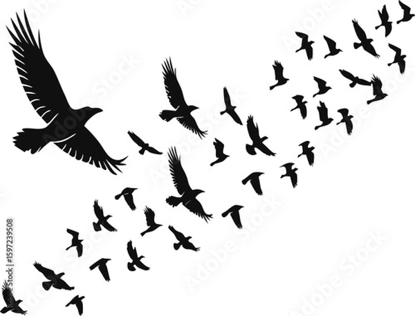 Fototapeta A flock of silhouetted birds, including a large eagle and numerous smaller birds like crows or ravens, soar across a white background in a dynamic flight pattern, conveying freedom and movement.