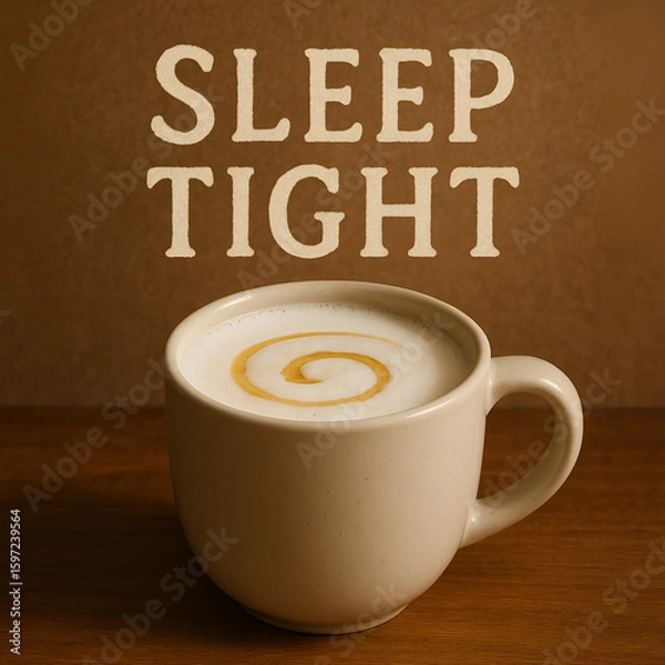 Fototapeta A cup of frothy latte with sleep tight text evokes a feeling of warmth and relaxation