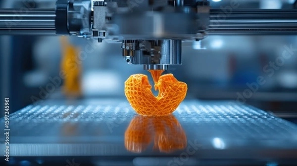Obraz 3D printer creating orange lattice object in factory