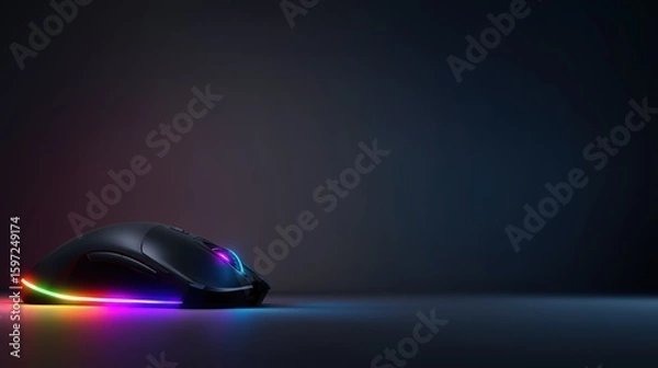 Obraz Gaming Mouse with Vibrant RGB Lighting – Left-Aligned on Dark Gradient Background with Copy Space