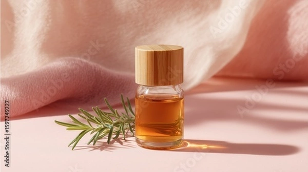 Obraz Amber Essential Oil Bottle with Wooden Cap – Minimalist Setup on Pink Surface with Rosemary and Fabric