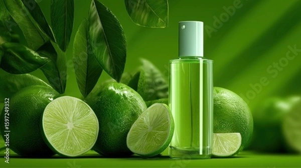 Obraz Lime Green Transparent Cosmetic Bottle – On Lime Slices with Tropical Leaves and Monochrome Background