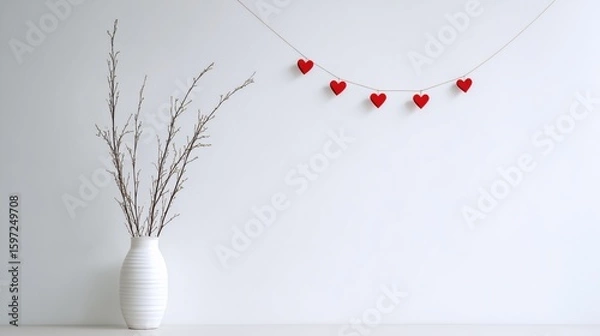 Obraz Minimalist White Vase with Twigs and Hanging Red Hearts – Clean Wall Background for Text Overlay