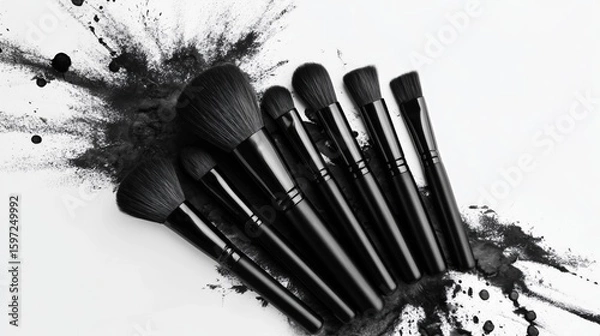 Obraz Luxury Black Makeup Brushes with Ink Splatter – Modern Flat Lay on White Background