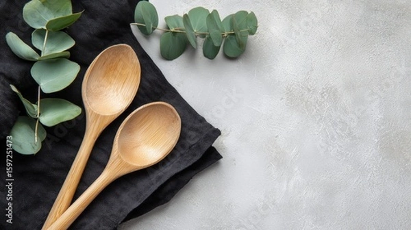 Obraz Wooden Spoons on Black Napkin with Eucalyptus – White Wood Background for Text Overlay