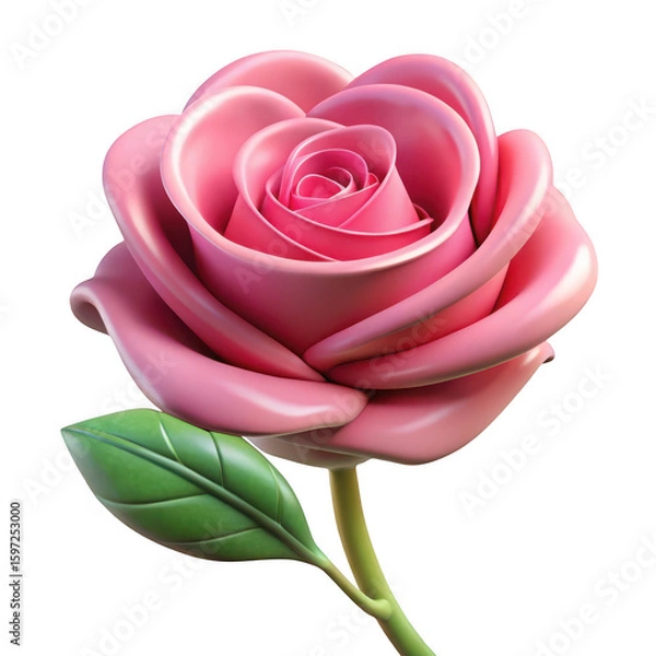 Fototapeta 3d pink rose with green leaf isolated on transparent background