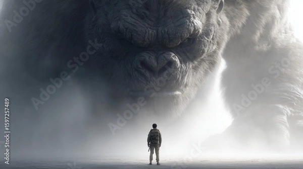 Fototapeta Person standing beneath a massive armored beast shadow on a white backdrop, dark and powerful