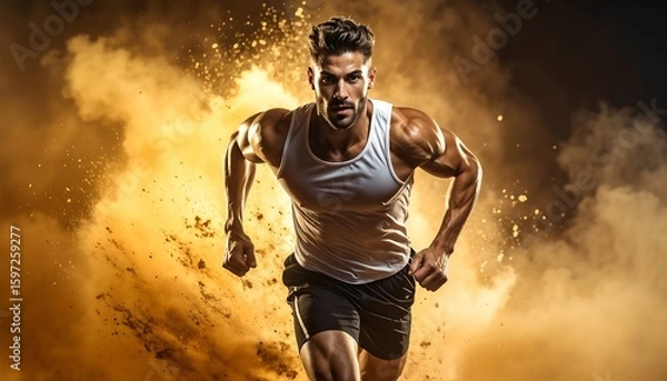Obraz Muscular Man Running, Dust Explosion - Dramatic Lighting and Effects
