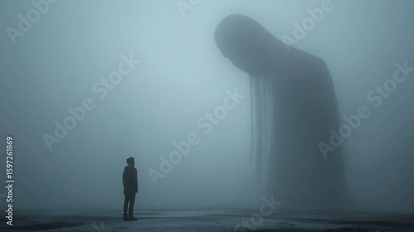 Fototapeta Person standing beneath a colossal ghostly figure on a white background, haunting and surreal