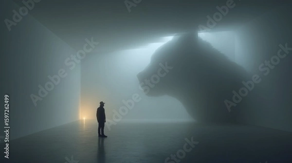 Fototapeta Human standing beneath a huge phantom shadow on a white minimalist scene, eerie and atmospheric
