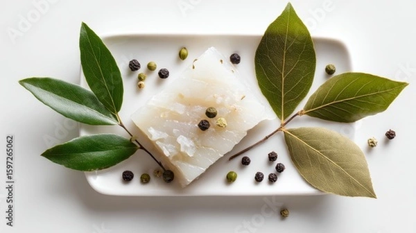 Fototapeta Raw salo with bay leaf and peppercorns on white. Top-down view of salted fatback for recipes. 