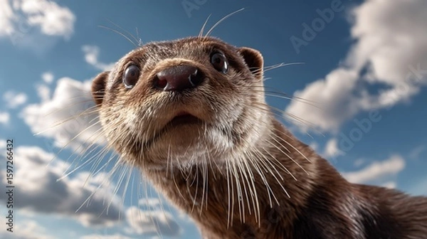 Fototapeta Cute otter close up with sky background funny wildlife expression adorable otter face in nature environment