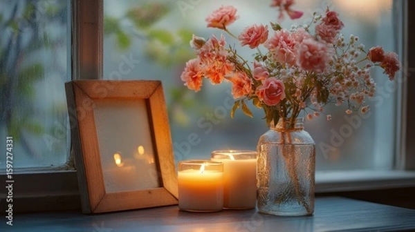 Fototapeta Softly lit windowsill scene featuring a wooden frame, two burning candles, and a vase of pink flowers at dusk