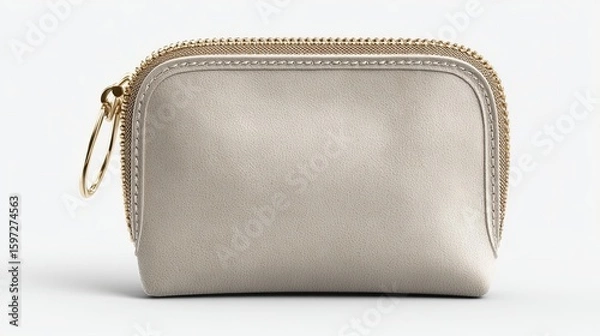 Fototapeta Close-up shot of a small, rectangular, light-colored coin purse with a gold zipper and a ring pull, set against a plain white background.