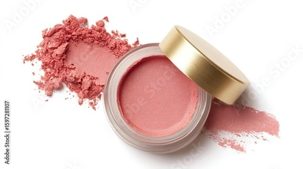 Fototapeta Top-down view of a jar of pink cream blush with a gold lid, alongside a swatch of the same blush powder on a white background.