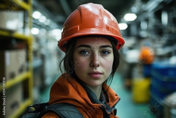 Fototapeta Factory worker in hard hat walking through an industrial space showcasing commitment to safety and productivity during working hours