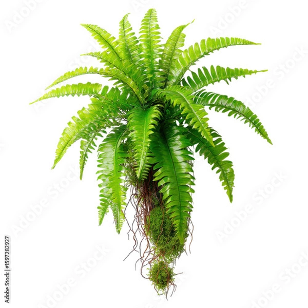Fototapeta fern leaf cluster with moss and exposed roots isolated on transparent background
