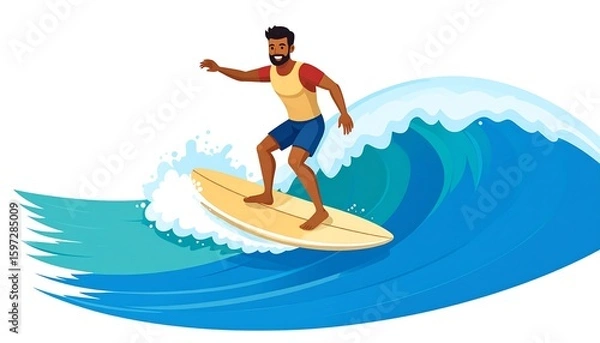 Fototapeta Happy Surfer Riding Ocean Wave - Flat design