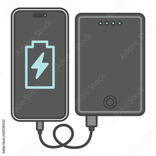 Obraz スマートフォンとUSBケーブルで接続・充電中のモバイルバッテリー、黒色・ブラック