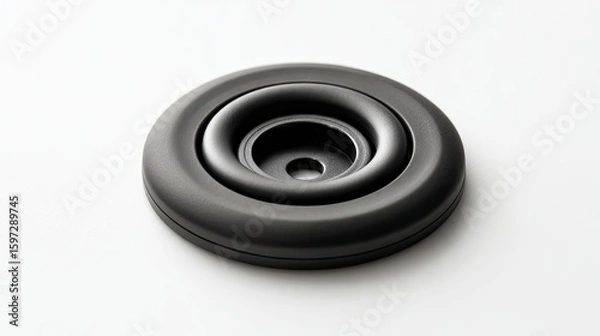 Fototapeta A black, round, rubber object with concentric rings and a central hole, isolated on a white background, casting a soft shadow.