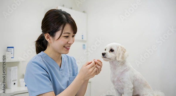 Obraz 動物看護師が白い小型犬に錠剤を与える様子｜ペットの薬の投与・健康管理・動物病院の日常風景 -生成AI