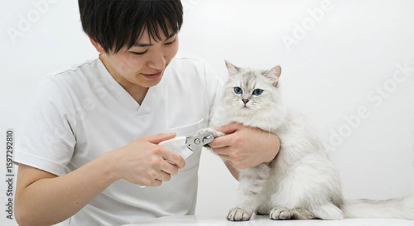 Obraz 白い爪切りで猫の爪を丁寧に手入れする飼い主｜室内猫のグルーミング・ペットケア・爪切りのしつけシーン -生成AI