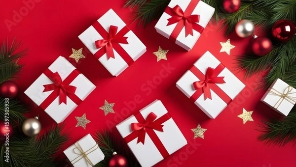 Obraz Christmas Gift Boxes with Red Bows and Ornaments on Festive Red Background