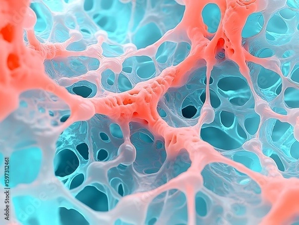 Fototapeta Bright coral and glacier blue organic neural system in surreal flow pattern
