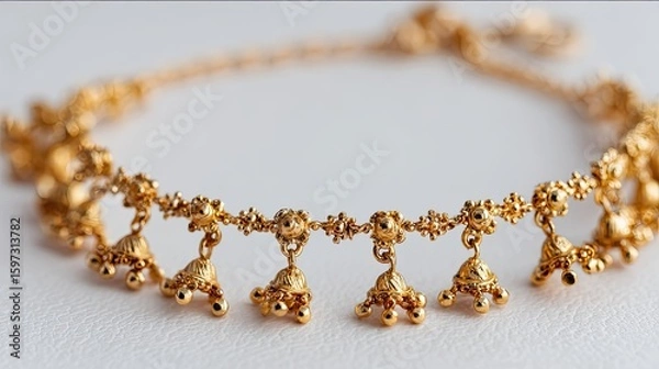 Fototapeta Close-up of a gold anklet with intricate detailing and dangling bells.