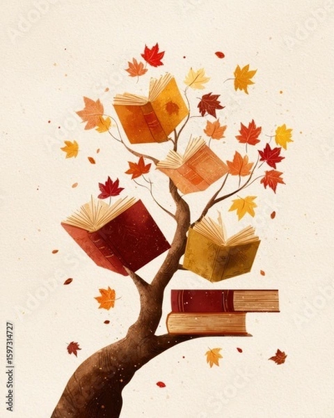 Obraz Open books with leather and floral covers on tree branch against white backdrop, scattered maple leaves in warm autumn tones for educational reels and digital content creation.
