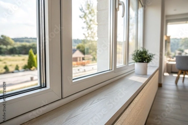 Fototapeta A window with a view of a forest and a chair outside