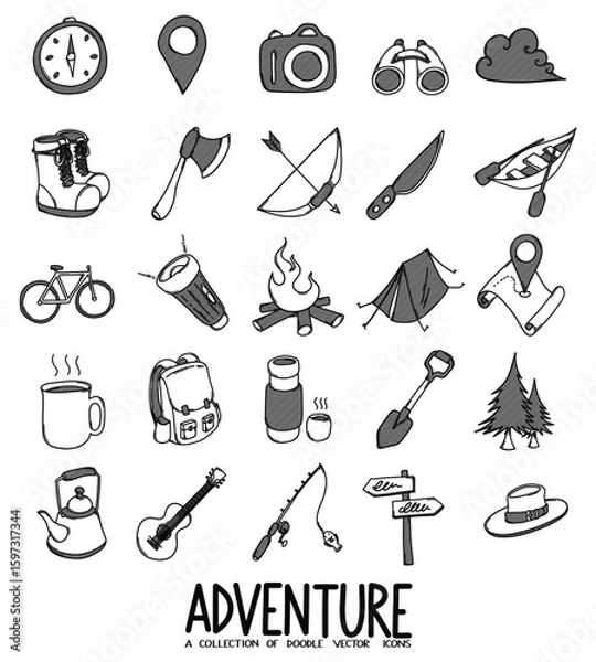 Fototapeta Adventure Related Doodle vector icon set. Drawing sketch illustration hand drawn line eps10