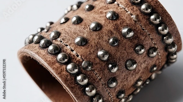Fototapeta Close-up of a brown leather cuff bracelet adorned with silver studs, showcasing texture and design against a plain background.