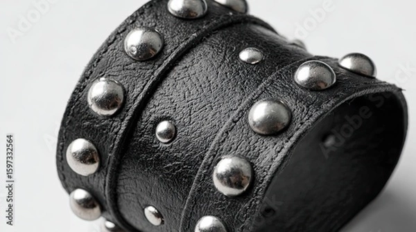 Fototapeta Close-up of a black leather bracelet with silver studs wrapped in a coil.