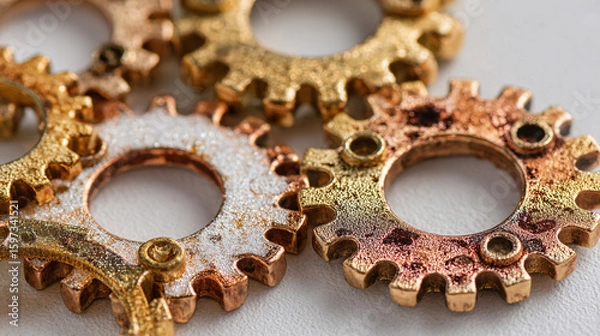 Fototapeta Industrial gears mechanism in brass and copper tones