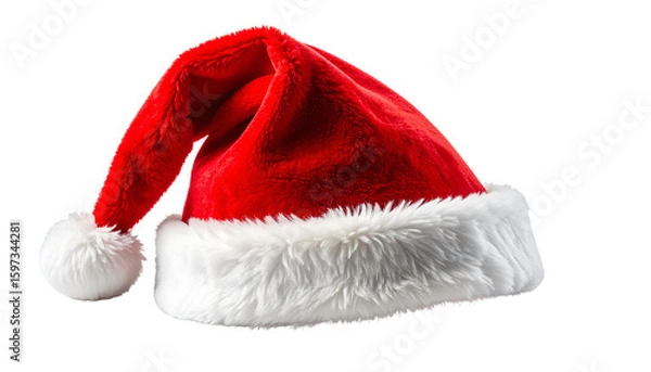 Fototapeta Plush red santa hat with white trim isolated on a transparent background christmas hat