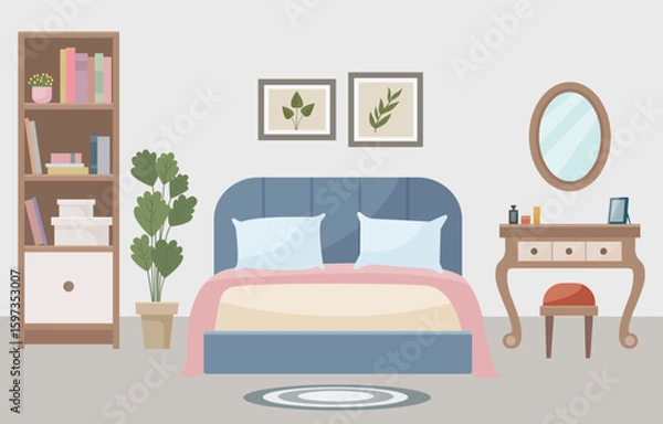 Fototapeta Warm and cozy bedroom with a comfortable bed, soft light lamp, dressing table, bookshelf and indoor plant. Interior concept. Ideal for websites, social media posts, blogs and interior design projects.