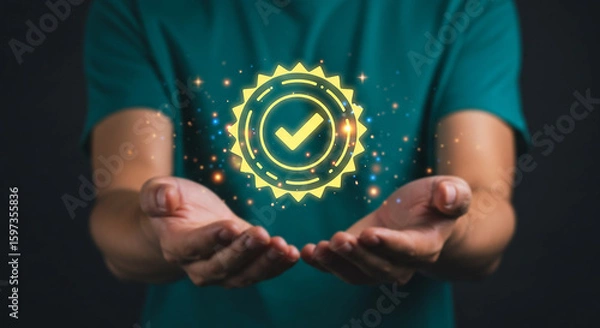 Obraz Quality Assurance: Person gently cradling a quality badge representing customer service and satisfaction. Illustrating concept of reliability, standard, service and guarantee.
