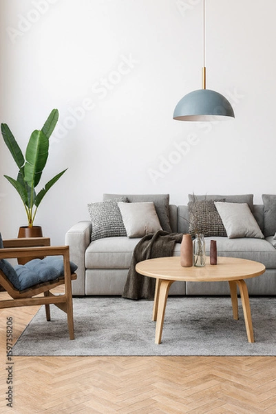Obraz Modern living room setting with classic parquet flooring. Furnished with a light gray sofa, blue armchair with wooden frame, modern blue ceiling lamp, wooden coffee table and gray carpet