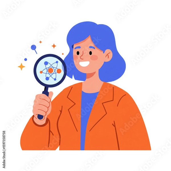 Obraz A cheerful female scientist with blue hair examines a glowing atom model with a magnifying glass.